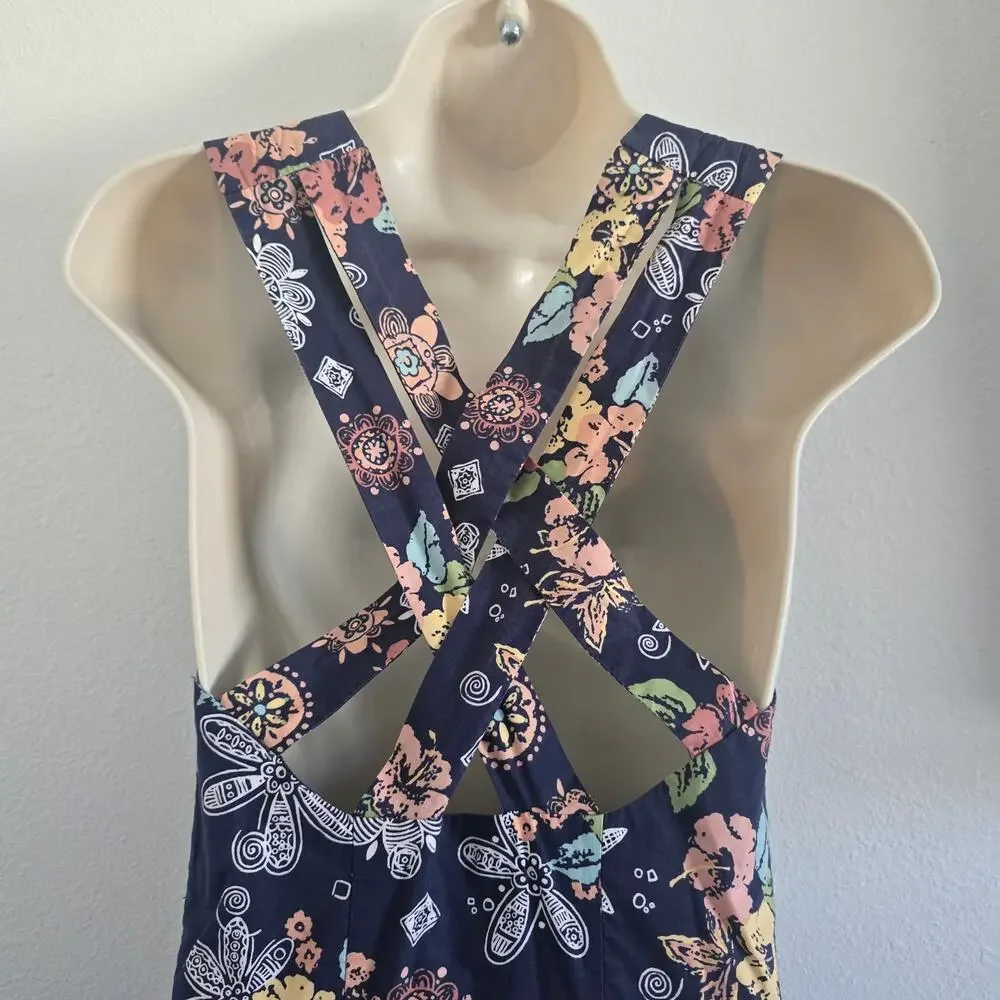 Vintage Laura Ashley Navy Floral Midi Dress-US 6 Open Cross Back Cottage Classic - Picture 3 of 11